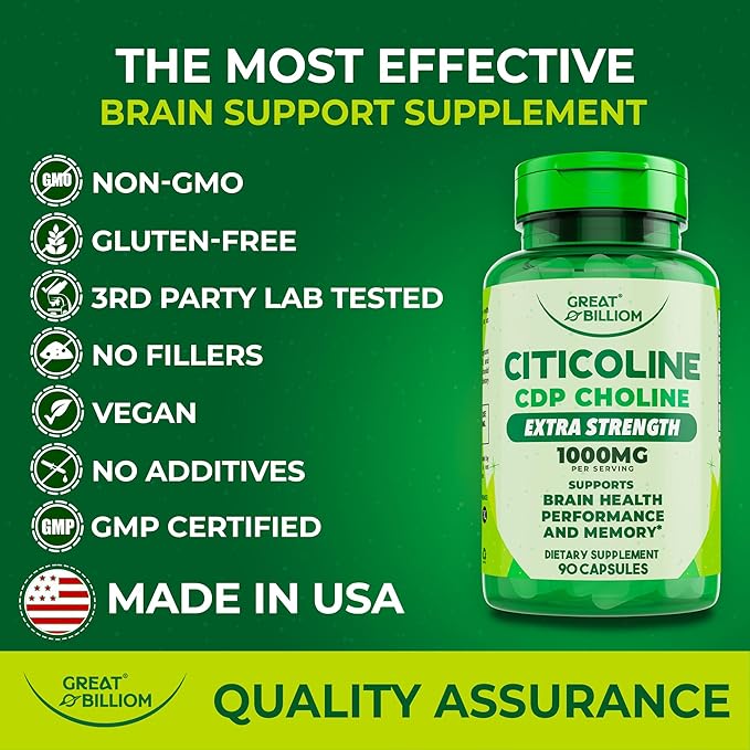 Citicoline CDP Choline 1000mg - Extra Strength Brain Supplements for Memory and Focus, Choline Supplements - Non-GMO Nootropic with Acetylcholine Support - 90 Vegetarian Capsules