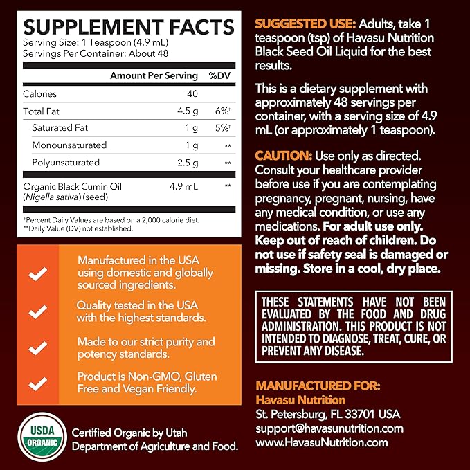 Organic Black Seed Oil Cold Pressed Liquid - Black Cumin Supplement for Immune System Function, Digestive Support, Hair Nourishment & Overall Health - 8 Fl Oz - Unflavored, Non-GMO, Vegan