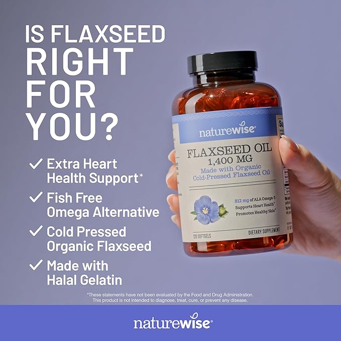NatureWise Flaxseed Oil 1400 mg, Fish Free, High Potency Omega 3 with 812 mg ALA, Dietary Supplement for Heart Health Support - Organic, Cold Pressed, Non-GMO - 120 Softgels[120-Day Supply]
