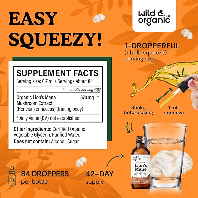 Wild & Organic Lions Mane Liquid Drops - Focus & Brain Support - Lions Mane Supplement - Hericium Erinaceus Mushroom Extract Tincture - Vegan, Alcohol & Sugar-Free - 2 fl oz