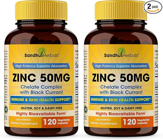 Sandhu Herbals Zinc 50mg Supplement for Men & Women| High Absorption Monomethionine Complex with Black Currant 120 Capsules (Pack of 2)| Zink Supplements for Immune, Acne & Antioxidant Support