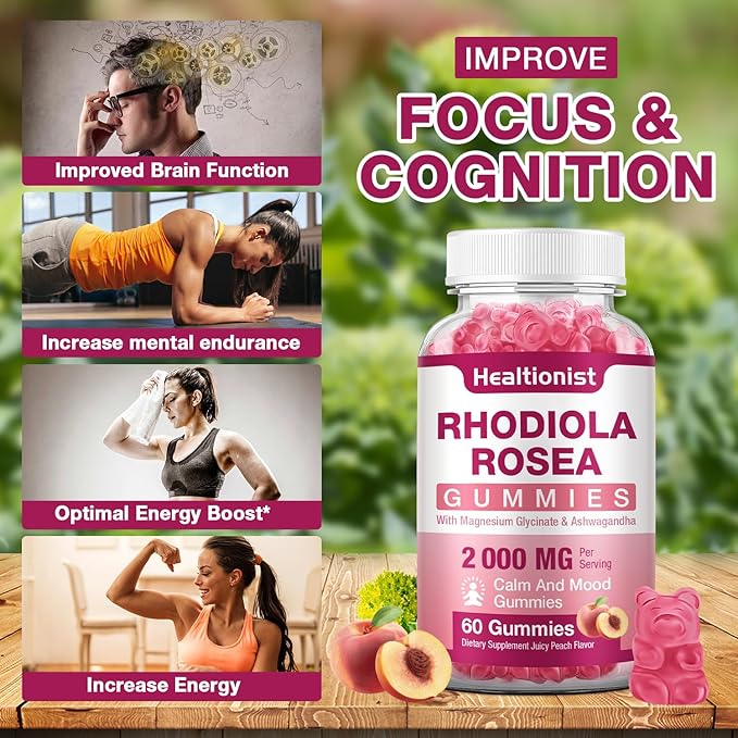 2 Packs Sugar-Free Rhodiola Rosea Gummies Adaptogenic Rhodiola Rosea Supplement & Cortisol Blocker for Performance, Stamina, Mood & Motivation - Non-GMO, 120 Vegan Chews