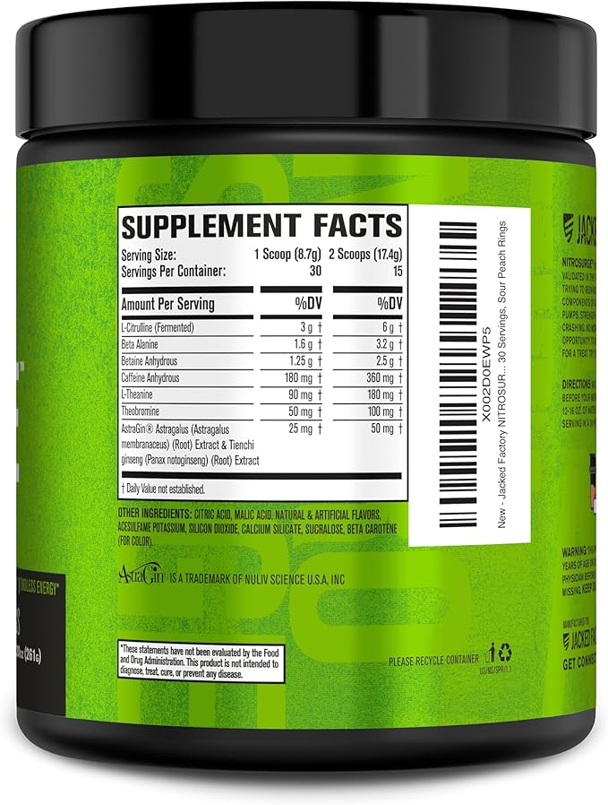 Jacked Factory NITROSURGE Pre Workout Supplement - Endless Energy, Instant Strength Gains, Clear Focus, Intense Pumps - NO Booster & Powerful Preworkout Energy Powder - 30 Servings, Sour Peach Rings