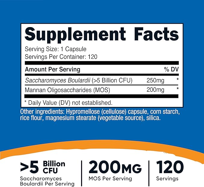 Nutricost Saccharomyces Boulardii + MOS Capsules (>5 Billion CFU) 120 Capsules - Prebiotic + Probiotic, 200mg of MOS Per Serving