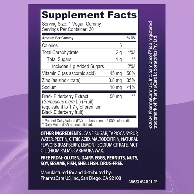 Sambucol Black Elderberry Gummies - Elderberry with Zinc and Vitamin C for Adults, Sambucus Elderberry Gummies, Immune Support Gummies - 30 Count