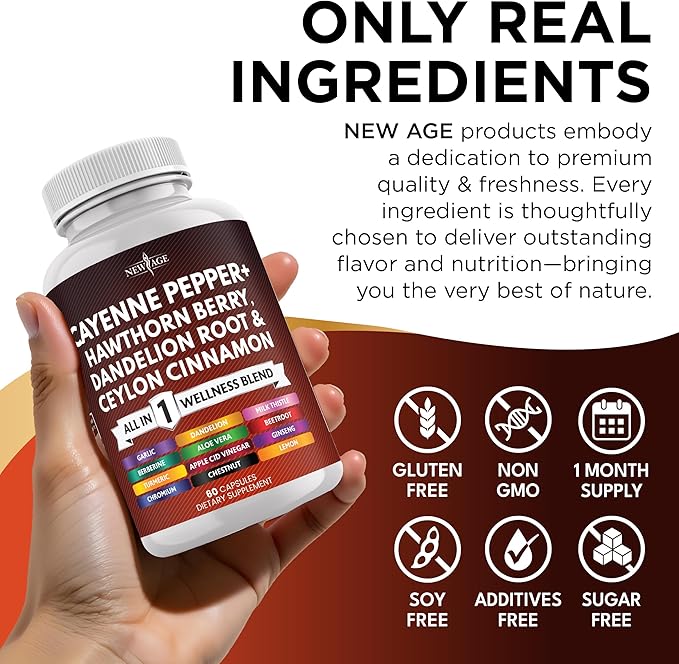 NEW AGE Cayenne Pepper Capsules Supplement with Hawthorn Berry, Dandelion Root, Ceylon Cinnamon, Garlic, Ginger, ACV, Milk Thistle, Beet Root, Aloe Vera - 180 Count
