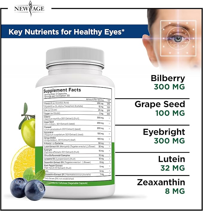 NEW AGE AREDS 2 Eye Vitamins - Lutein, Zeaxanthin, Bilberry, Astaxanthin Mineral Vision Supplement - 180 Count