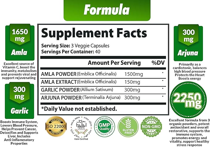 Organic Amla Capsules 2250mg & Arjuna, Garlic |Natural Vitamin C Supplements, High Antioxidants, Rejuvenator |Supports Immunity, Energy Booster |Gluten Free Vegan India Amalaki Extract Fruit, 120 Caps