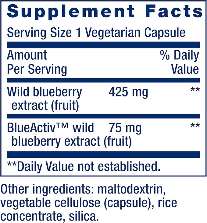 Life Extension Blueberry Extract Capsules, supports cognitive & memory health, helps maintain already-healthy cholesterol levels, fights oxidative stress, gluten-free, non-GMO, vegetarian, 60 capsules