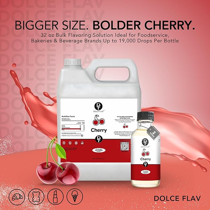 Dolce Flav Cherry Flavoring – 32 oz. – Premium Oil-Based Extract for Chocolates, Frostings, Baked Goods & Confections | Classic Sweet Flavor for Bakeries & Candy Shops