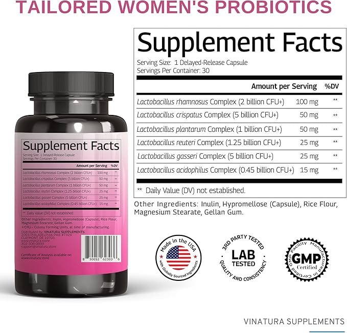 Lactobacillus Rhamnosus, Reuteri, Gasseri, Plantarum, Crispatus, Acidophilus Probiotics - Probiotics for Women *USA Made & Tested* Women Vaginal Health, Gut and Digestive Health - 30 Capsules