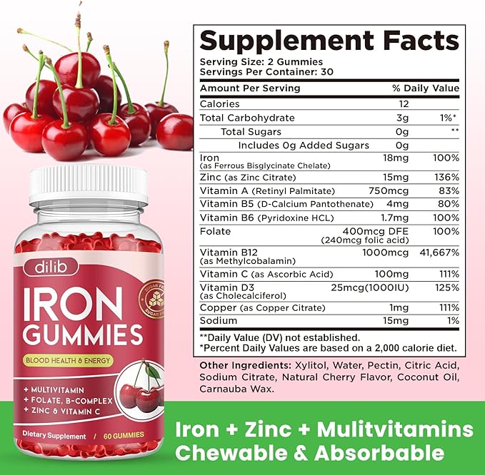 Iron Gummies with Multivitamin, Iron Supplement for Women & Men, Kids Multivitamin with Iron, Zinc, Vitamin B Complex & C, B12, Folate - Blood Builder, Energy Support, Cherry Flavor, Vegan 120 Gummies