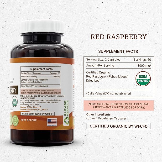 Secrets of the Tribe Red Raspberry USDA Organic Capsules | Certified Organic Vegetarian Capsules, Herbal Dietary Supplement | Rubus idaeus Dried Leaf (120 Count)