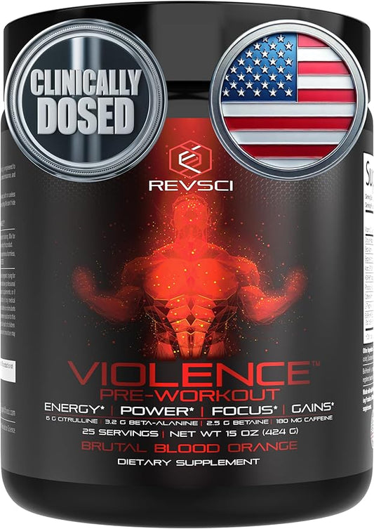 Violence Pre Workout Powder for Men & Women, Clinically Dosed Preworkout, 180 mg Caffeine + L-Theanine, L Citrulline Malate, Beta Alanine, Alpha GPC - 25 Servings, Blood Orange - Energy, Focus & Pump