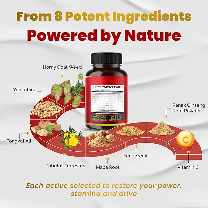 Horny Goat Weed 600 mg with Yohimbine, Tongkat Ali, Maca, Tribulus & Panax Ginseng – 8-in-1 Strength & Vitality Support – 180 Capsules – Vegatot – Gluten-Free, Lab Verified