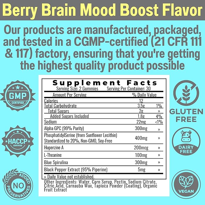 Alpha GPC Huperzine A PhosphatidylSerine L-Theanine Blue Spirulina Bioperine Gummies, Alpha-GPC Huperzine-A Phosphatidyl Serine L Theanine Supplement, Powder Capsules Tablets Liquid Supplements Alt