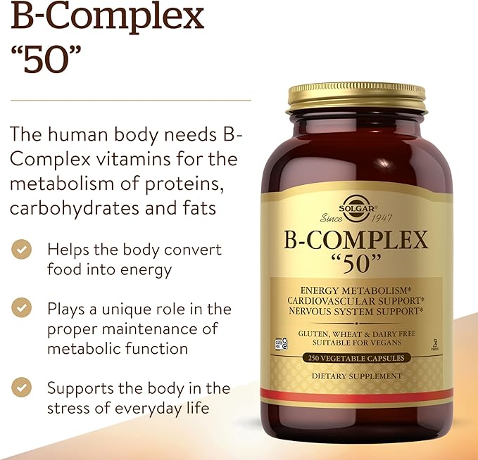 Solgar B-Complex “50”, 250 Vegetable Capsules - Energy Metabolism, Cardiovascular Support, Nervous System Support - Non-GMO, Vegan, Gluten Free, Dairy Free, Kosher - 250 Servings