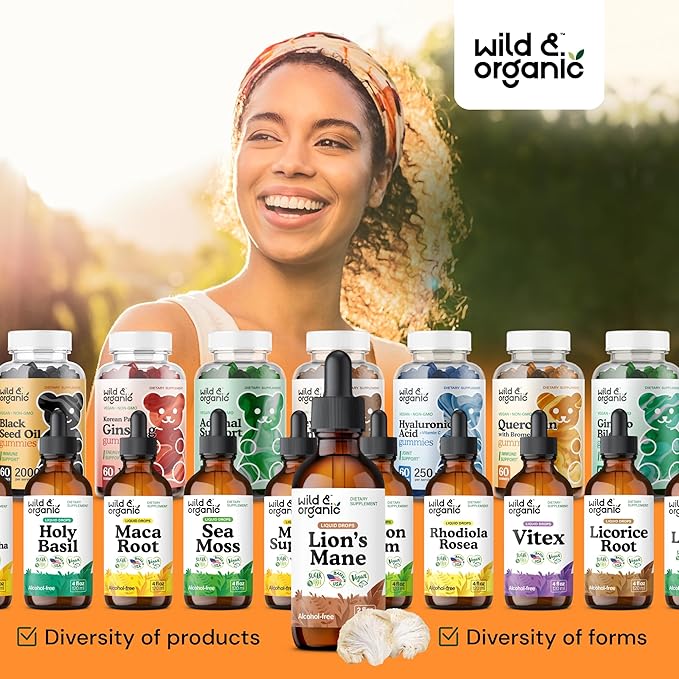 Wild & Organic Lions Mane Liquid Drops - Focus & Brain Support - Lions Mane Supplement - Hericium Erinaceus Mushroom Extract Tincture - Vegan, Alcohol & Sugar-Free - 2 fl oz