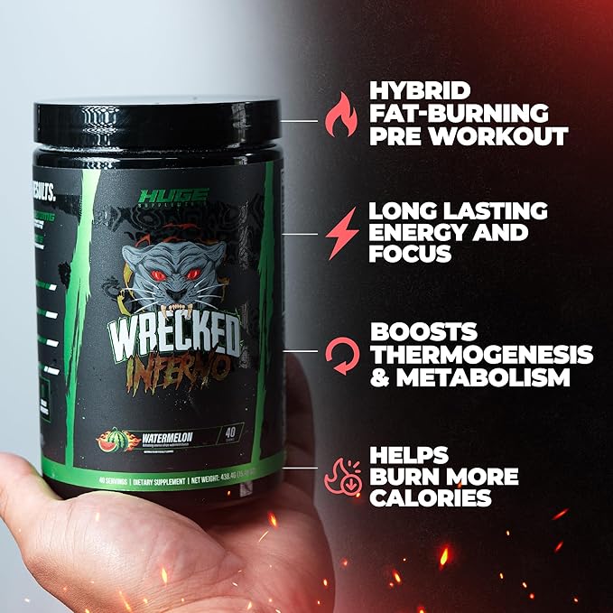Wrecked Inferno - Thermogenic Pre Workout For Men & Women, Increase Energy, Boost Thermogenesis & Metabolism, Enhance Exercise Performance - Contains L-Citrulline, L-Carnitine, Beta-Alanine & More