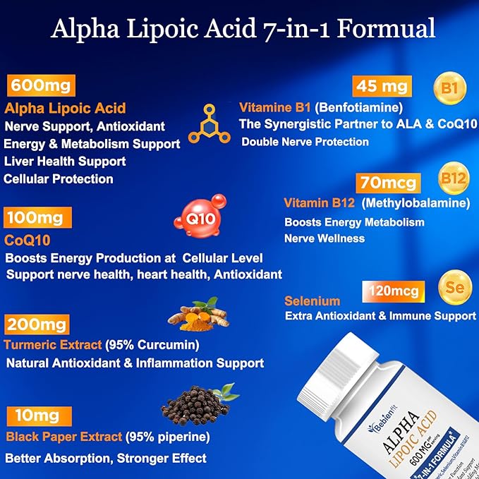 Alpha Lipoic Acid 600mg + CoQ10 & Active B1 & B12 – 7-in-1 Neuropathy Support – Fortify Nerves in Hands & Feet – Antioxidant, Cell Energy & Metabolism – Vegan, Gluten-Free, 120 Capsules