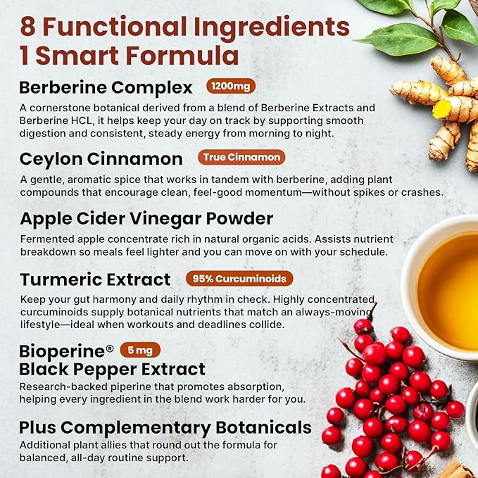 Super Berberine Supplement with Ceylon Cinnamon, BioPerine, Apple Cider, and Turmeric 1500mg - 8-in-1 Dihydroberberine Supplement for Overall Wellness and Balance Support, 120 ct