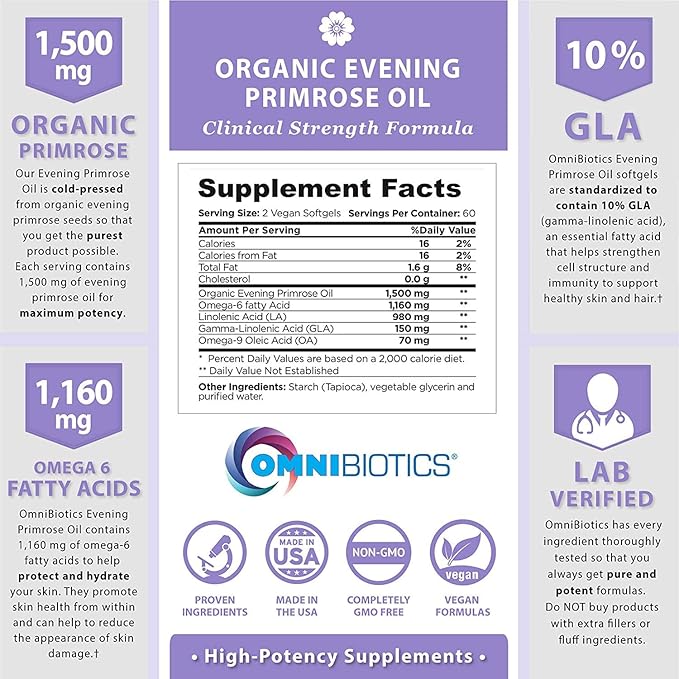 OmniBiotics Organic Evening Primrose Oil for Women – Clinical Strength 1500mg per Capsule, 10% GLA, Cold-Pressed, Non-GMO, Hormone Balance for Women – 120 Vegan Softgel Capsules