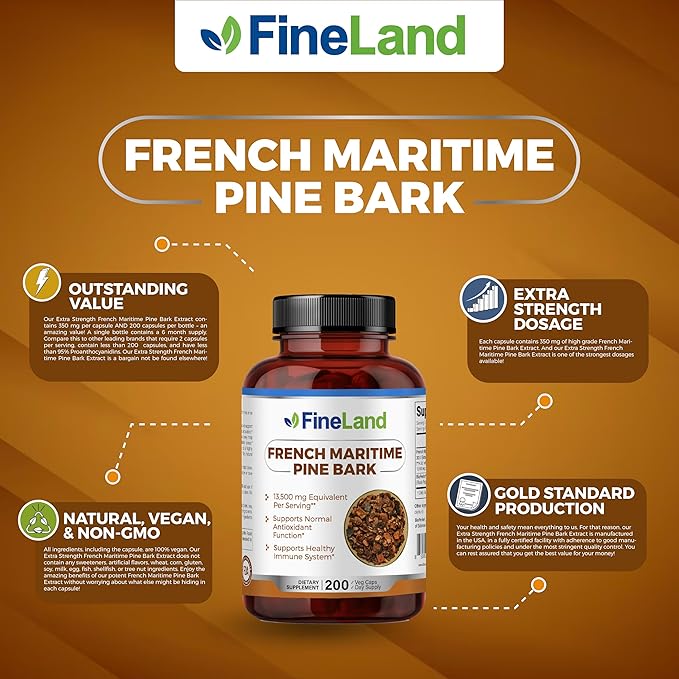 FineLand French Maritime Pine Bark 30:1 Extract Max Strength, 450 mg Per Capsule, Antioxidant, 200 Veggie Caps of Pine Bark Supplement for 200 Days, 100% Natural