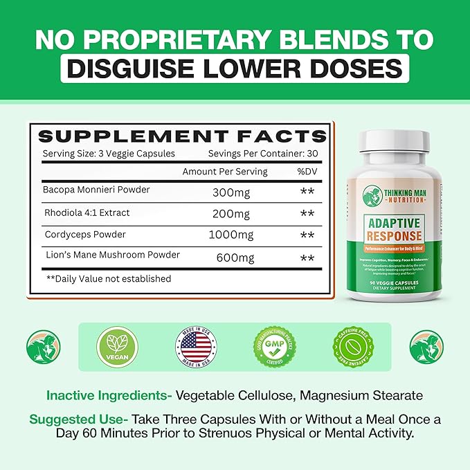 Adaptive Response – Brain Supplements for Memory and Focus | Nootropics Brain Support Supplement with Adaptogens | Lion’s Mane, Bacopa, Cordyceps | Stress Relief & Focus Supplement | 90 count