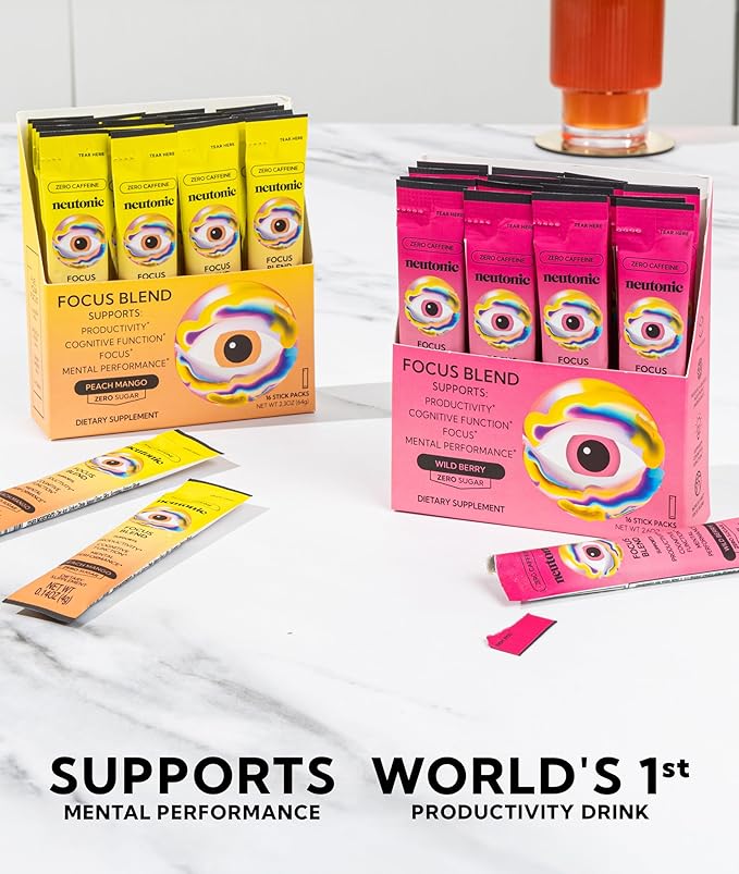Neutonic Nootropic Focus Blend Powder | Peach Mango & Wild Berry 32 Sticks | Caffeine Free, Zero Sugar | Support Memory, Mental Clarity, Cognitive Function | Boost Focus, Energy, Brain Health