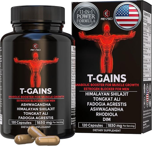 Anabolic Booster for Muscle Growth, T-GAINS Test Booster & Estrogen Blocker for Men, Mens Testosterone Booster Supplement, HGH Supplements Muscle Builder with Tongkat Ali Fadogia Agrestis, 120 Caps