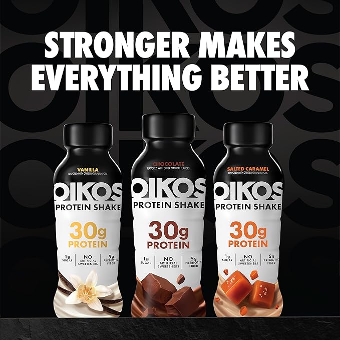 Oikos Protein Shake, Salted Caramel, 30g High Protein Drinks, Shelf Stable, Ready to Drink, 5g Prebiotic Fiber, 12 fl oz Bottle, 4 Count