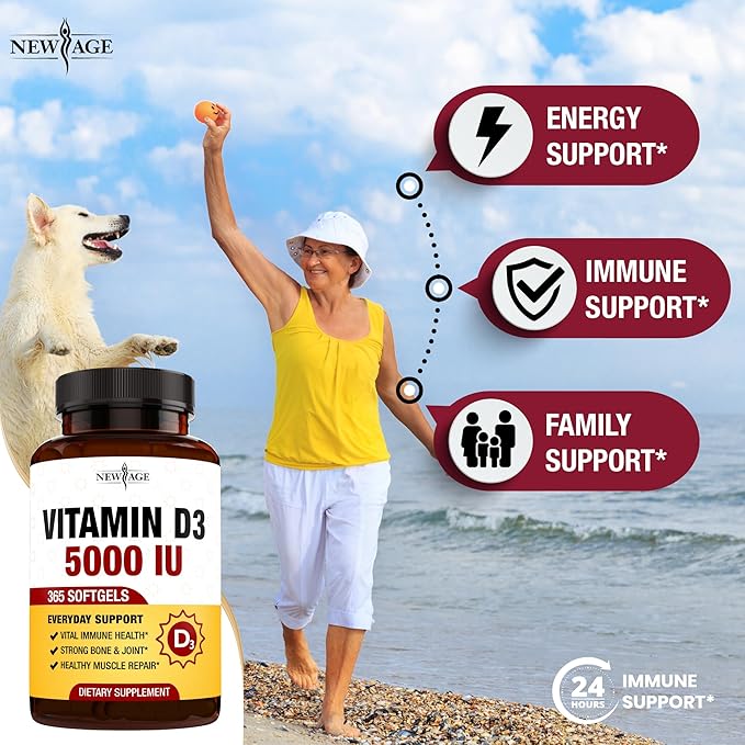 NEW AGE Vitamin D3 5000 IU 125mcg Softgels - Support Immune Support, Strong Bone Health - Non-GMO, Gluten-Free, Dairy-Free,1 Year Supply (360 Softgels (Pack of 1))