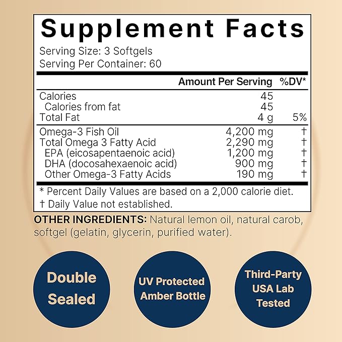 Omega 3 Fish Oil 4,200mg, 180 Burpless Softgels, Highly Purified EPA 1,200mg & DHA 900mg | Lemon Flavored | Premium Wild Caught Fish from Deep Sea – Heart & Brain Support – Mercury Free & Non-GMO