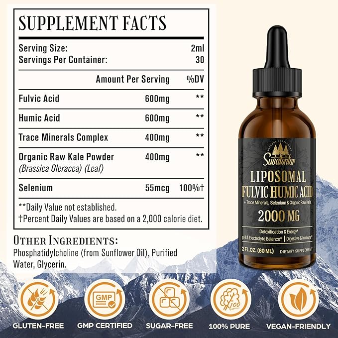 2000 MG Liposomal Fulvic Acid + Humic Acid + Trace Minerals Complex - More Potent Than Shilajit, Electrolytes Liquid Supplement with Organic Kale for Energy, Digestion, Immunity & pH Balance, 4 Oz