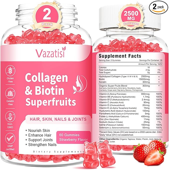 2 Pack Sugar Free Collagen Gummies for Women Men, Multi Collagen Peptides Gummies Type I II III V X with Biotin Vitamin A B C D E for Hair Skin Nails, Strawberry Flavor, 120 Count
