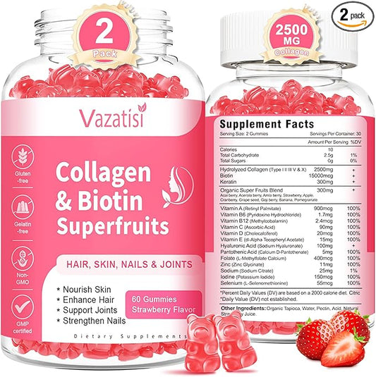 2 Pack Sugar Free Collagen Gummies for Women Men, Multi Collagen Peptides Gummies Type I II III V X with Biotin Vitamin A B C D E for Hair Skin Nails, Strawberry Flavor, 120 Count