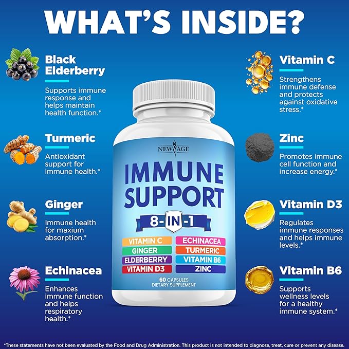 8 in 1 Immune Support Booster Supplement with Echinacea, Vitamin C and Zinc 50mg, Vitamin D 5000 IU, Turmeric Curcumin & Ginger, B6, Elderberry (8 in 1 Capsules (Pack of 3))
