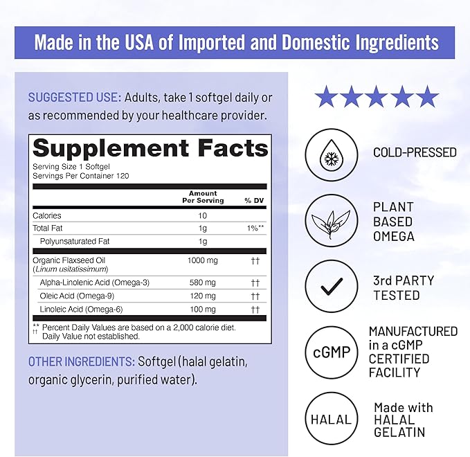NatureWise Flaxseed Oil 1000 mg, Fish Free Omega 3 with 580 mg ALA, Dietary Supplement for Immune Health Support - Organic, Cold Pressed, Non-GMO - 120 Softgels[120-Day Supply]