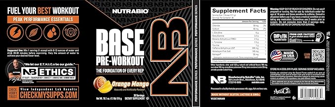 NutraBio Base Pre-Workout Powder 200mg Caffeine, Sustained Energy, Focus, Endurance, Pump, Sugar Free, Clean Preworkout for Men and Women - Beta Alanine, L-Tyrosine, 30 Servings - Orange Mango