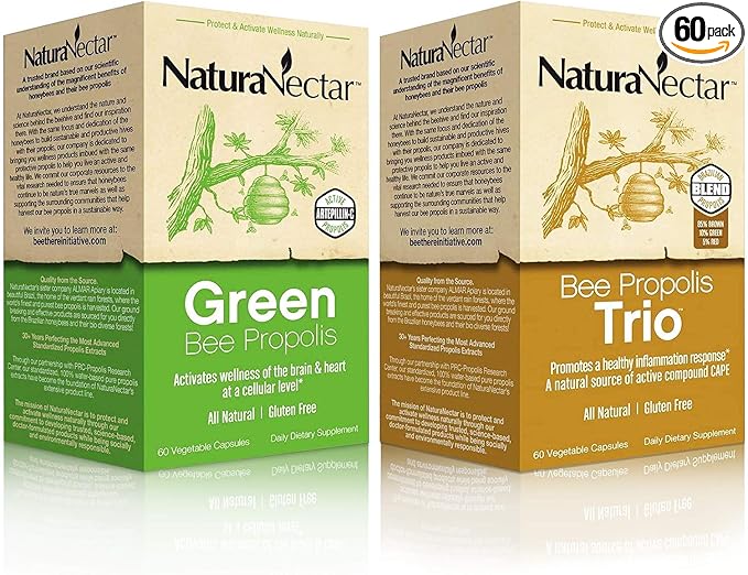 NaturaNectar Natural Bee Propolis Bundle - Trio and Green Propolis - for Immune, Memory and Focus Support* - 60 Capsules per Bottle
