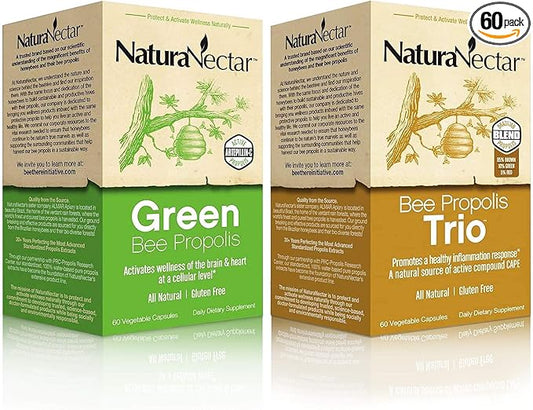 NaturaNectar Natural Bee Propolis Bundle - Trio and Green Propolis - for Immune, Memory and Focus Support* - 60 Capsules per Bottle