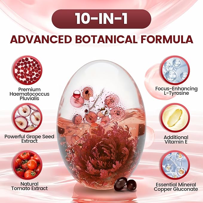 Astaxanthin 12mg, 720 Softgels, Fresh Haematococcus Pluvialis 10 in 1 Astaxanthin Antioxidant Supplements, Contains Lycopene, Grape Seed, Vitamin E, Supports Eye Joints Skin Health, 3Bag