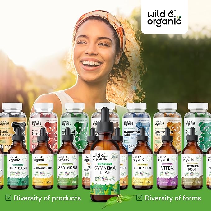 Wild & Organic Gymnema Sylvestre Extract Drops - Sugar-Free Gymnema Supplement for Overall Support - Gurmar Leaf Extract Tincture - Vegan, Alcohol-Free Liquid Drops - 2 fl oz