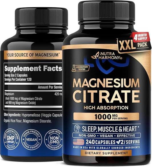 Magnesium Citrate Capsules 1000mg | High Absorption Supplement - Sleep, Muscle & Heart Support - Vegan | Non-GMO - Made in USA - As Powder | Pills | Tablets - 240 Capsules, 4 Month Supply