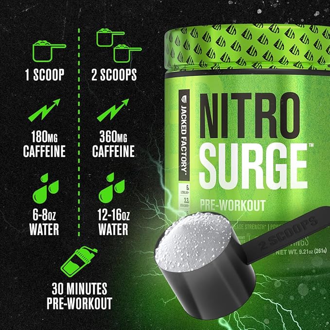 Jacked Factory NITROSURGE Pre Workout Supplement - Endless Energy, Instant Strength Gains, Clear Focus and Intense Pumps - NO Booster & Powerful Preworkout Energy Powder - 30 Servings, Black Cherry