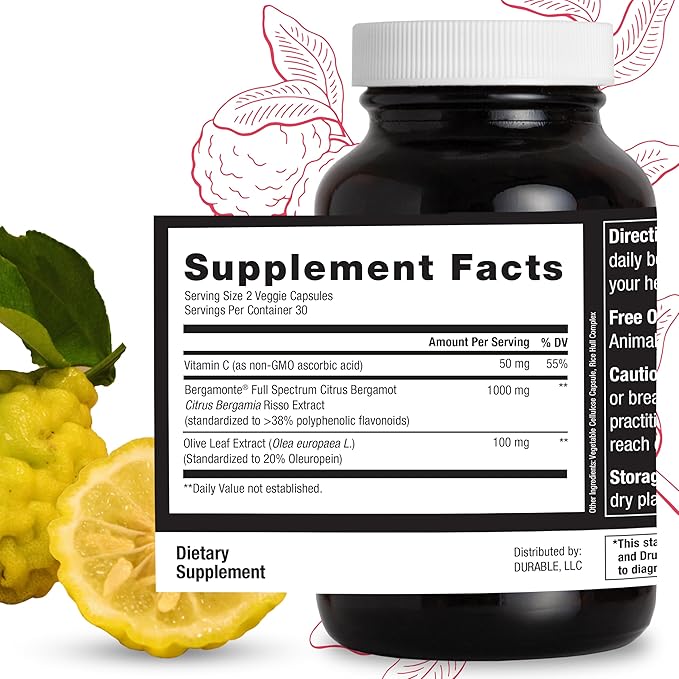 Durable Heart – Bergamonte Citrus Bergamot 1,000 mg + Olive Leaf Extract + Vitamin C - Heart Health Supplement for Healthy Cholesterol - Doctor Formulated, Vegan, Non-GMO, Made in USA (180 Capsules)