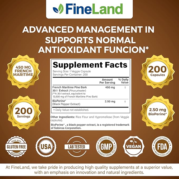 FineLand French Maritime Pine Bark 30:1 Extract Max Strength, 450 mg Per Capsule, Antioxidant, 200 Veggie Caps of Pine Bark Supplement for 200 Days, 100% Natural