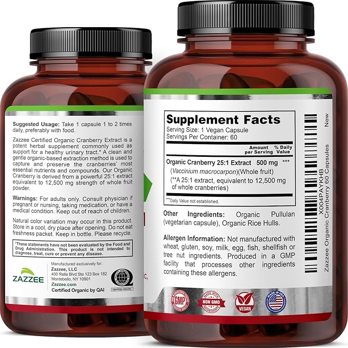 Zazzee USDA Organic Cranberry 25:1 Extract, 500 mg per Capsule, 60 Vegan Capsules, 2 Month Supply, Standardized, Concentrated 25X Extract, 100% Vegetarian, Certified Organic, Non-GMO All-Natural