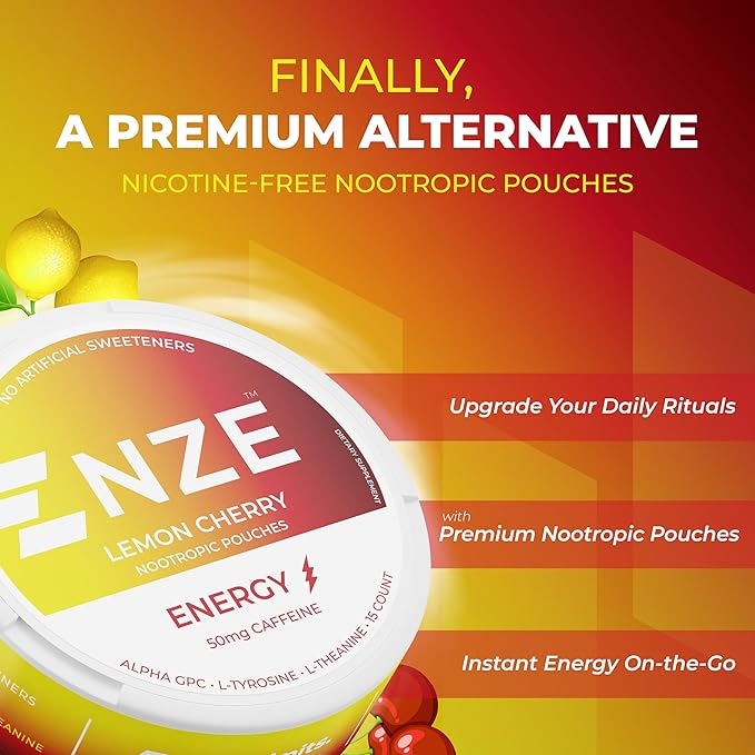 NZE Caffeine Nootropic Pouches (Lemon Cherry) - Energy Pouches with 50mg Caffeine, Alpha GPC, L-Tyrosine & L-Theanine No Sugar or Artificial Sweeteners - 15 Nicotine Free Pouches Per Can - 5 Pack