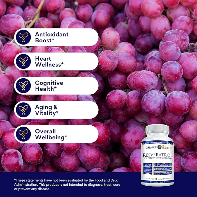 Research Verified Resveratrol - 98% Trans-Resveratrol 1000 mg, Anti-Aging Support - 60 Capsules per Bottle - 3 Bottles